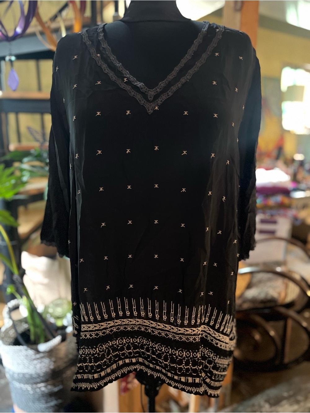 Johnny Was Black Top with white embroidery